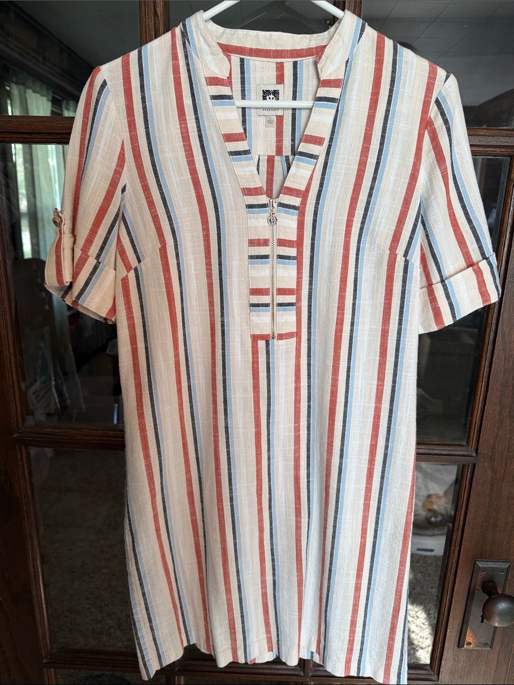 Anne Klein Striped Linen Blend Shift Dress Red Blue Gold Zip Front Size 4